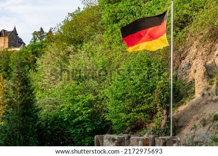 Flag of the Federal Republic of Germany outdoors on a background of green trees