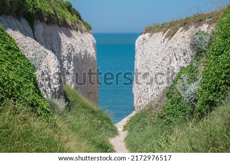 A narrow path between chalk cliffs leading to the sandy beach at Botany Bay in the seaside town of Broadstairs, east Kent, England Royalty-Free Stock Photo #2172976517