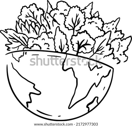Earth, trees, hand draw line vector illustration