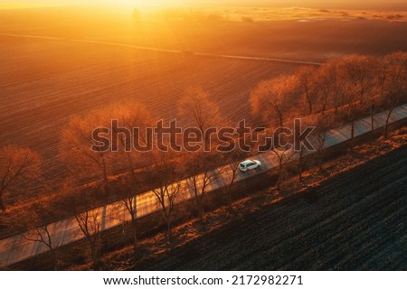 Drone photography of single white car on the road in sunset, aerial view