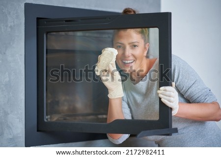 Picture of young woman cleaning fireplace glass doors