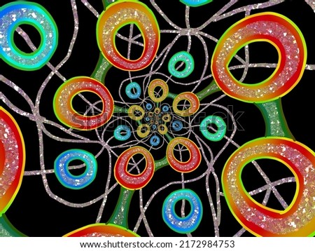 A hand drawing pattern made of red yellow green and blue with grey glitters on a black background