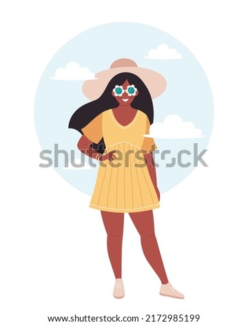 Black woman in hat and retro glasses. Hello summer, summertime, vacation. Hand drawn vector illustration
