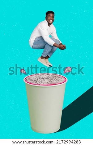 Vertical composite collage picture of crazy excited person jumping huge smoothie cup isolated on drawing teal background