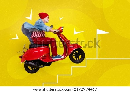 Creative abstract template graphics image of funny hipster riding moped upstairs finishing first isolated yellow drawing background