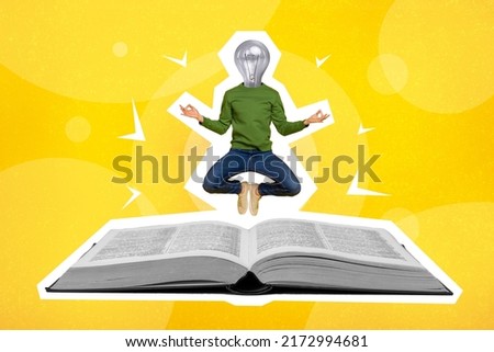 Creative 3d photo artwork graphics painting of guy lamp instead of head flying above book isolated drawing yellow background Royalty-Free Stock Photo #2172994681