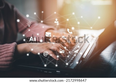 Woman using tablet and global network connection with Internet communication, Wireless connection technology. Futuristic technology with polygonal shapes,Communication and marketing concept,