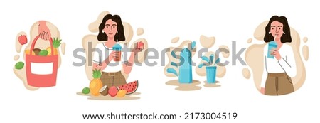 Take Care of Health. Collection of images with girl leading active lifestyle. Character prepares proper dish and drink pure water. Woman buys vegetables and fruits. Cartoon flat vector illustration
