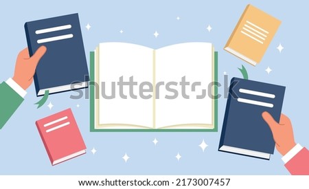Hands holding books. Love for literature, distance education. Character fills empty open diary. Aspiring author creates stories and poems. Useful hobbies concept. Cartoon flat vector illustration