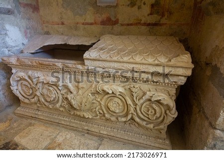Sarcophagus in St. Nicholas Church, Demre. East Roman basilica church in the ancient city of Myra, Antalya Province Turkey. Royalty-Free Stock Photo #2173026971