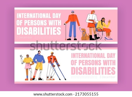International day of persons with disabilities posters. Vector banners with flat illustration of girl in wheelchair, blind with guide dog, man and woman with prosthesis Royalty-Free Stock Photo #2173055155
