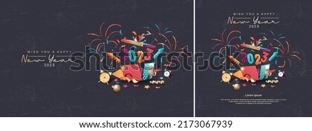 Happy new year 2023. Festive 2023 new year celebration with colorful and 3D numbers. Trendy and modern design for 2023 new year banner, flyer, greeting card and media post template Royalty-Free Stock Photo #2173067939
