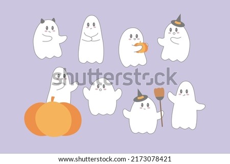 Set of 8 illustrations of cute ghosts with their costumes for the night of halloween. Simple clip art for kids in october. Vectors for works with theme of halloween.