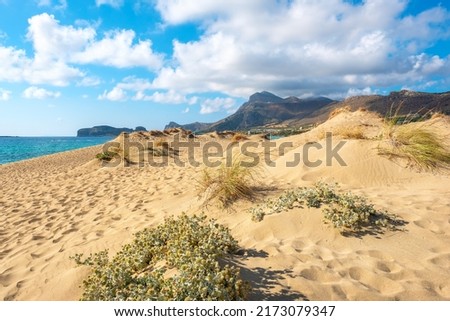 View to deserted sandy beach by Falasarna. Crete Island, Greece Royalty-Free Stock Photo #2173079347