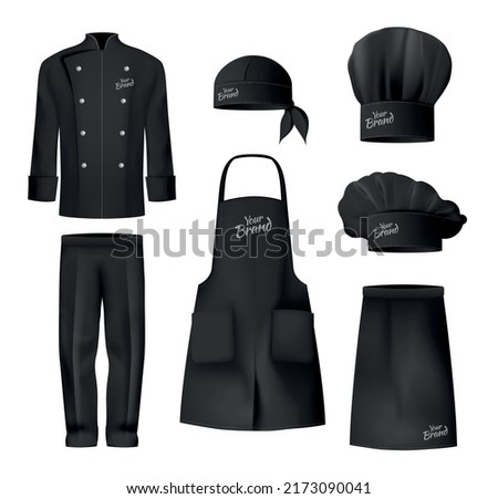 Realistic culinary clothing black hat tunic apron pants with a nameplate icon set vector illustration Royalty-Free Stock Photo #2173090041