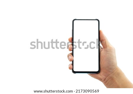 Man hand holding black smartphone isolated on white background, copy space for text.