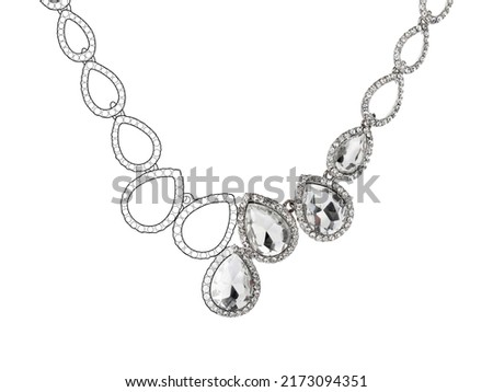 Beautiful silver necklace with diamonds on white background. Jewelry design