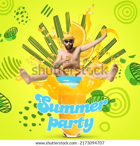 Creative collage of funny young man with inflatable ring, glass of splashing cocktail and tropical leaf on color background
