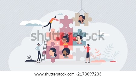 Human management and HR resources for business team tiny person concept. Employee organization and company staff effective usage vector illustration. Personnel recruitment and teamwork development. Royalty-Free Stock Photo #2173097203