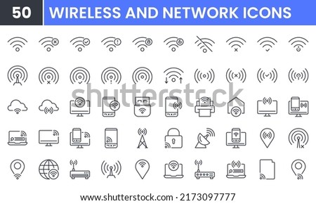Wireless and Network vector line icon set. Contains linear outline icons like Connection, Signal, Internet, Phone, Radio, Computer, Wifi, Communication, Antenna. Editable use and stroke. Royalty-Free Stock Photo #2173097777