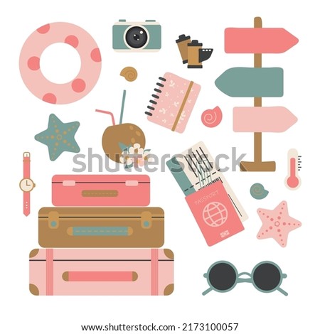 Travel and adventure tourism, sea trips, summer holidays. Ideal for sticker set, scrapbooking, posters, tags for. Hand drawn vector illustration.