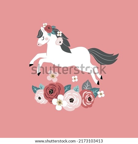 Cute vector white horse and vintage flowers pink background. Perfect for greeting card, logo, poster or nursery print design. 