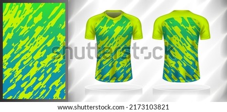 Vector sport pattern design template for V-neck T-shirt front and back with short sleeve view mockup. Shades of green-blue color gradient abstract grunge texture background illustration.