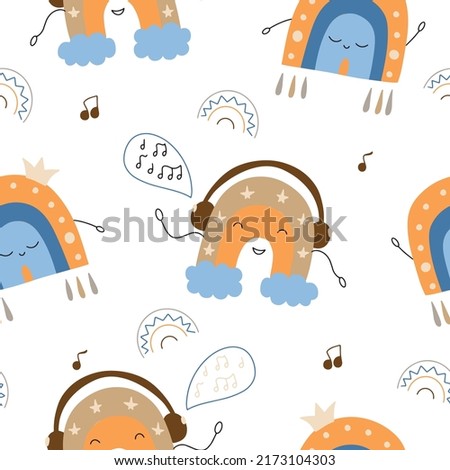 Seamless pattern with musical rainbows. Vector illustration isolated on white background for textile decoration, poster, decor.