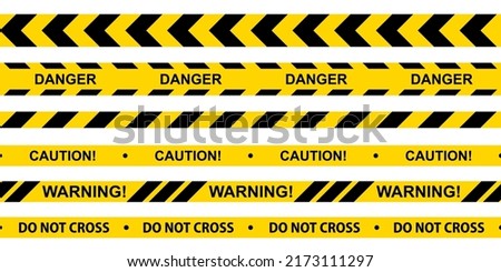 Caution tape set. Yellow warning danger tapes. Police line and do not cross ribbons. Abstract warning lines for police, accident, under construction. Horizontal seamless borders. Vector illustration