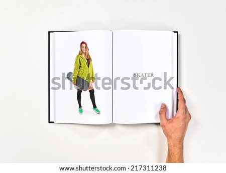 Blonde girl with skate printed on book