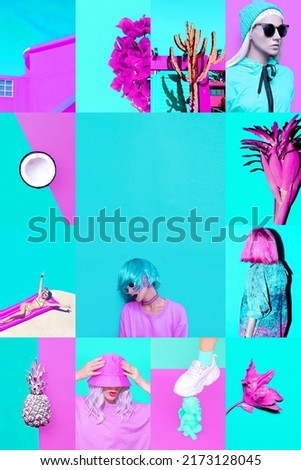 Set of trendy aesthetic photo collages. Minimalistic images of two top colors. Blue and pink fashion moodboard