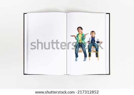 Kids with doubts printed on book