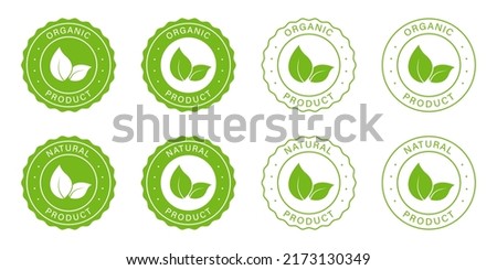 Organic Natural Product Icon Set. Healthy Eco Green Label. Bio Food Logo. 100 Percent Ecology Product Vegan Food Stamp. Natural Product Symbol. Ecology Sign. Isolated Vector Illustration. Royalty-Free Stock Photo #2173130349