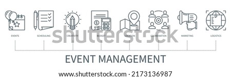 Event management concept with icons. Events, scheduling, creativity, budget, location, coordinating, marketing, logistics. Web vector infographic in minimal outline style Royalty-Free Stock Photo #2173136987