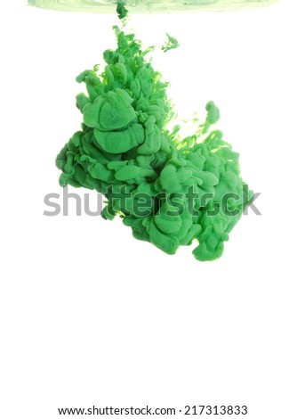 Green paint in water, an abstract on a white background