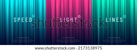 Set of pink, green, blue dynamic vertical speed stripes light lines on dark blue abstract background with copy space. Modern futuristic technology banner ideas collection design. Vector illustration Royalty-Free Stock Photo #2173138975