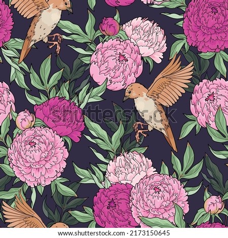Pink peony and birds vector seamless pattern