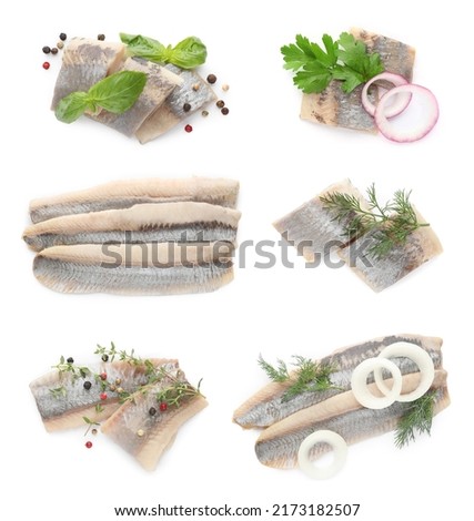 Set with delicious salted herring fillets on white background, top view Royalty-Free Stock Photo #2173182507