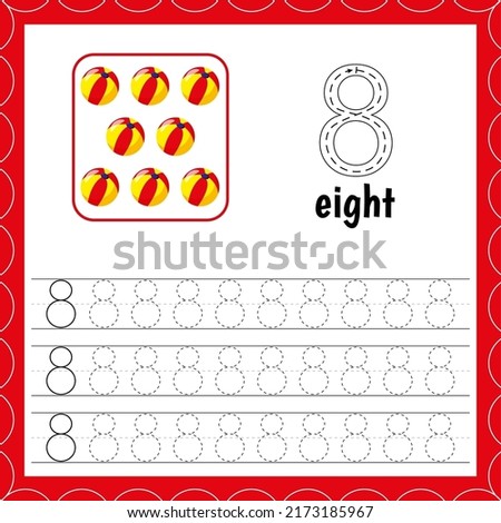 Cards with numbers for children. Trace the line. For kids learning. Count andwrite. Number eight. Count balls. 