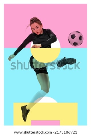 Poster with female soccer, football player in motion and action with ball on absract colorful background with geometric elements. Concept of sport, energy and power, ad, achievements. Halftone effect