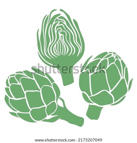 Artichoke hand drawn vector set. Artichoke fruit silhouette whole and half. Healthy organic food isolated illustration Royalty-Free Stock Photo #2173207049