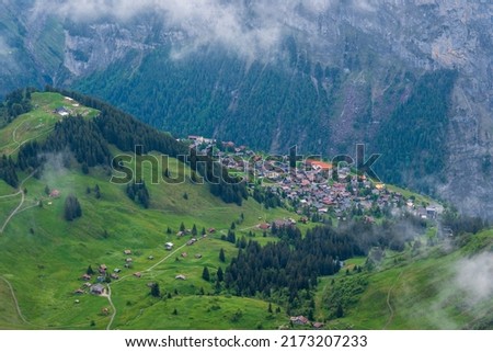 View of the town of Murren from the Birg (2,684 m) in the Bernese Alps. Switzerland.