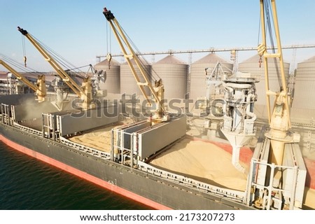 ODESSA, UKRAINE - August 9, 2021: Loading grain into holds of sea cargo vessel through an automatic line in seaport from silos of grain storage. Bunkering of dry cargo ship with grain Royalty-Free Stock Photo #2173207273