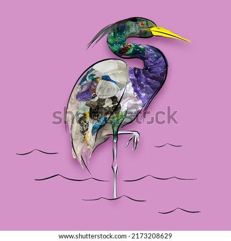 Heron. Conceptual art collage with painted bird filled with garbage and plastic waste isolated over pink background. Pollution, saving environment, ecology, world social and eco issues. Poster Royalty-Free Stock Photo #2173208629