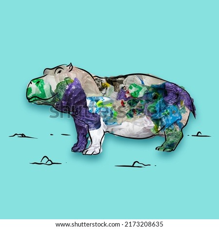 Hippo. Contemporary conceptual art collage with painted animal filled with garbage and plastic waste over blue background. Pollution, saving environment, ecology, world social and eco issues