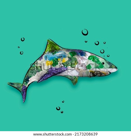 Shark. Save marine life. Conceptual art collage with drawn fish filled with garbage and plastic waste over blue background. Water pollution, saving environment, ecology, world social and eco issues