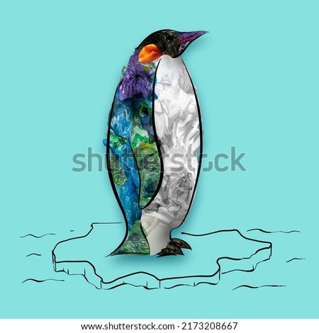 Penguin. Contemporary conceptual art collage with painted animal filled with garbage and plastic waste over blue background. Pollution, saving environment, ecology, world social and eco issues
