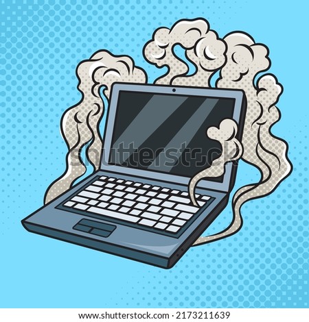 smoking broken laptop pop art retro vector illustration. Comic book style imitation.