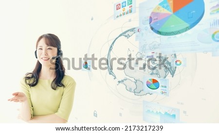 Virtual seminar concept. Asian woman giving a presentation. Online conference. Royalty-Free Stock Photo #2173217239