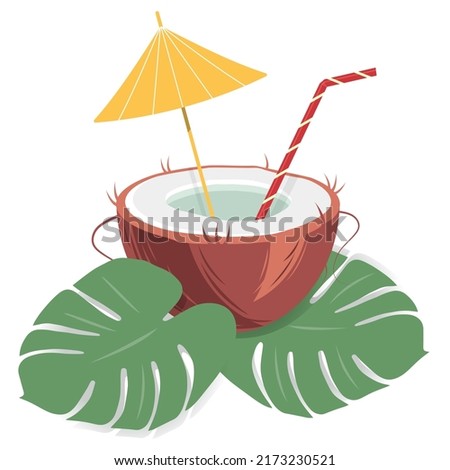 Cocktail in a coconut shell with an umbrella and straw in trendy hues with exotic monstera leaves